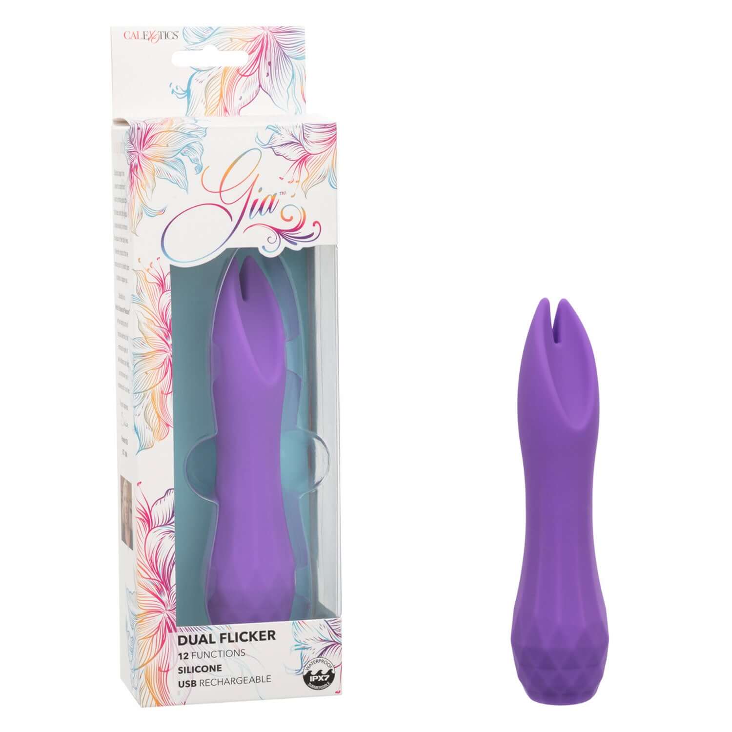 Gia Dual Flicker Vibrator in purple with packaging, featuring dual teasers and 12 functions of vibration, pulsation, and escalation.