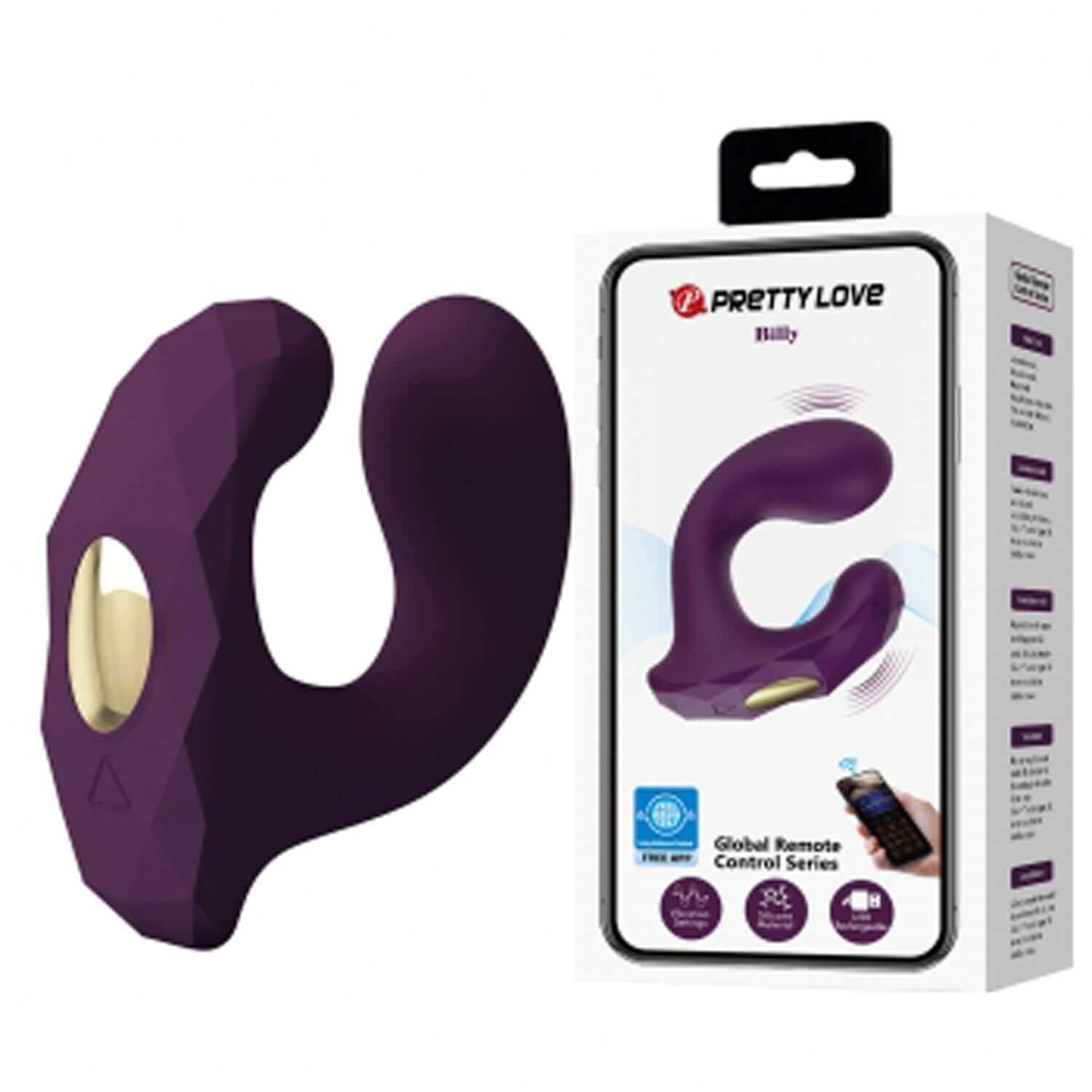 Pretty Love Billy Global App Control Vibrator in purple packaging, showcasing a C-shaped design for dual stimulation.