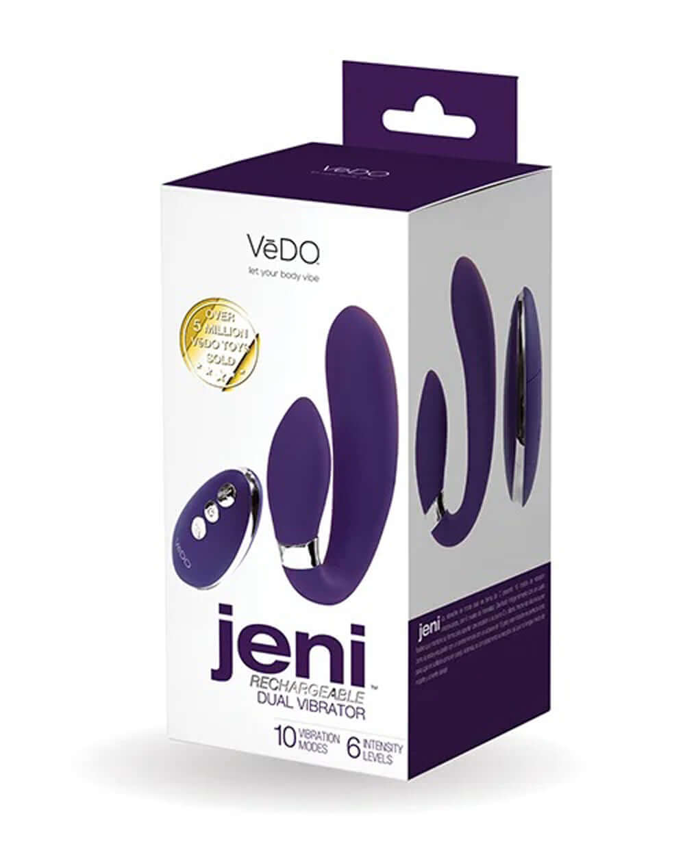 Jeni C-Shaped Dual Motor Vibe packaging showcasing its elegant design and features, including 10 vibration modes and 6 intensity levels.