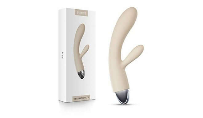 Alice Rabbit Vibrator Khaki by Svakom, waterproof silicone sex toy in packaging, designed for pleasure and comfort.