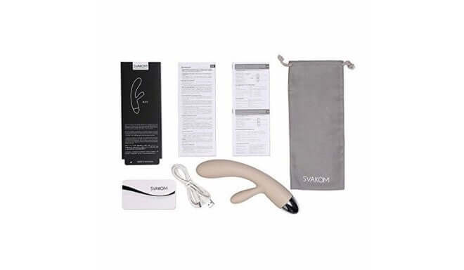 Alice Rabbit Vibrator Khaki by Svakom with packaging, instructions, charging cable, and storage bag.