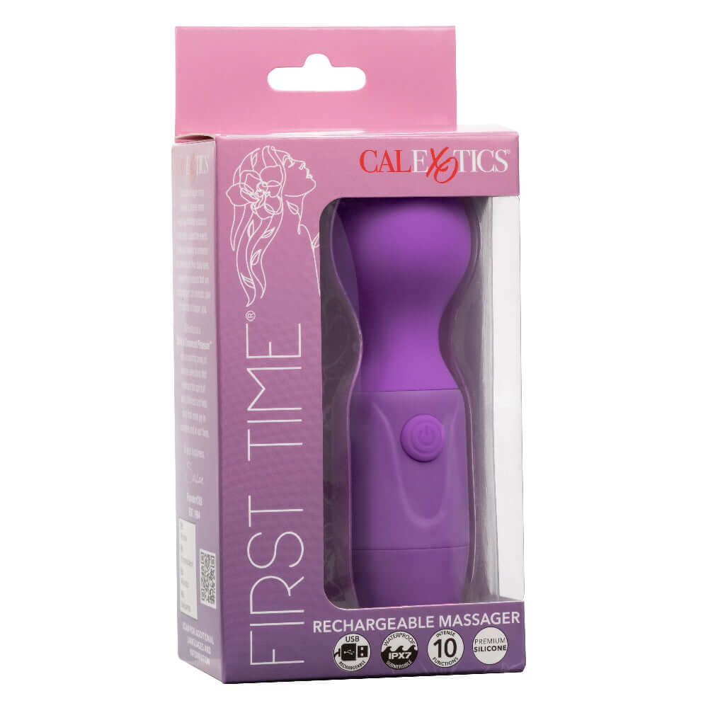 First Time Rechargeable Massager - Purple in packaging with flexible neck and intense rumbling vibrations for personal pleasure and relaxation.