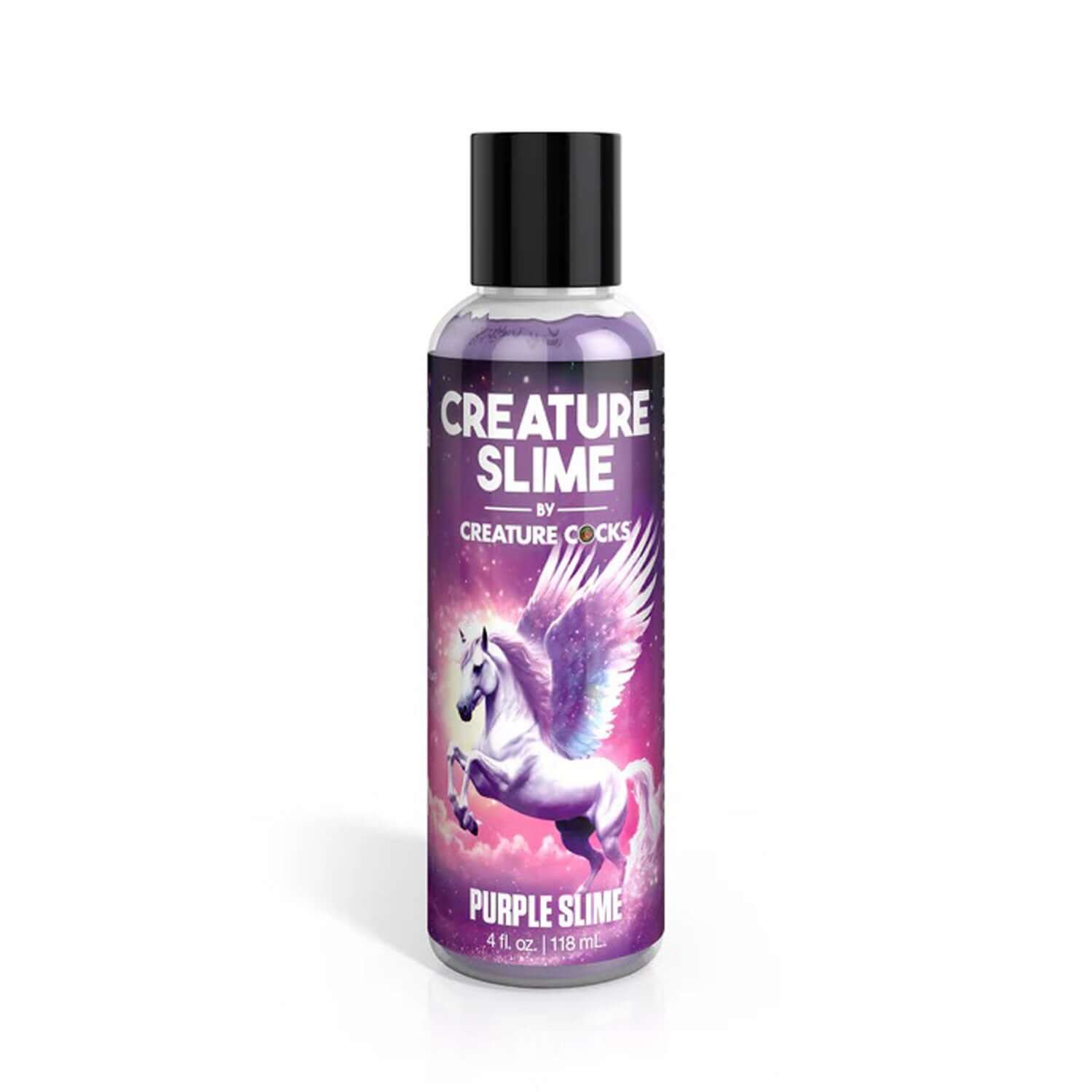 Purple Creature Slime 4oz water-based lubricant bottle with a unicorn label for magical and erotic experiences.