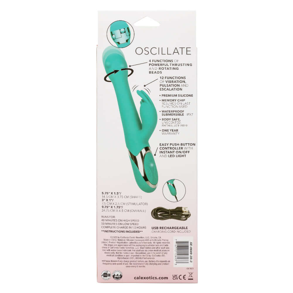 Packaging of Enchanted Oscillate Massager - Turquoise, detailing features like thrusting and rotating beads, premium silicone, and USB rechargeable.