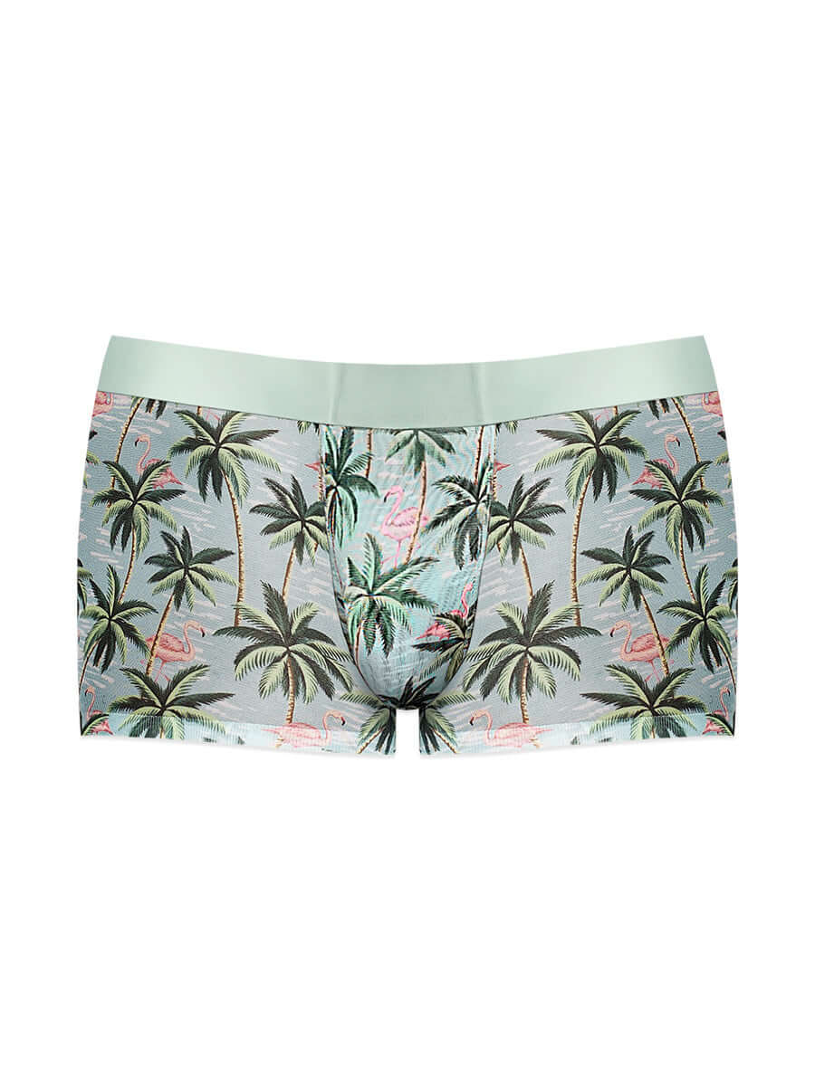 Sheer Prints seamless sheer short in flamingo print with double-lined pouch and plush waistband for men, X-Large.