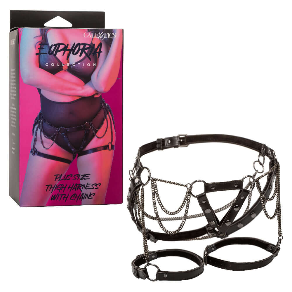 Euphoria Collection Plus Size Thigh Harness With Chains - Black, displayed with packaging, featuring bold design and heavy-duty metal chains.