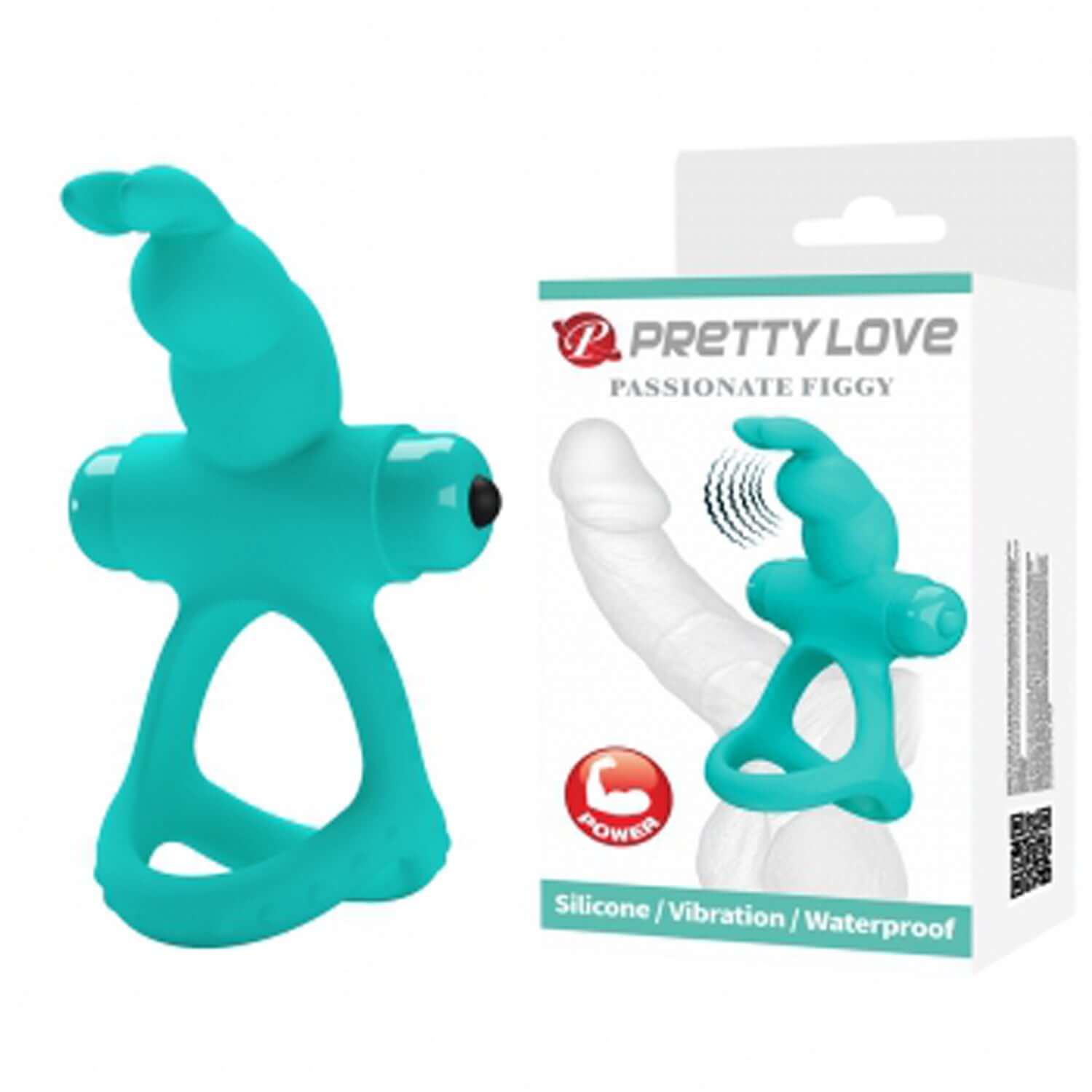 Turquoise Passionate Figgy penis ring with bunny design, packaged, highlighting silicone, vibration, and waterproof features.