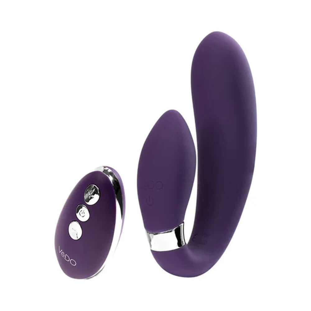 Jeni C-Shaped Dual Motor Vibrator in purple with remote control, featuring flexible neck and 10 vibration modes.