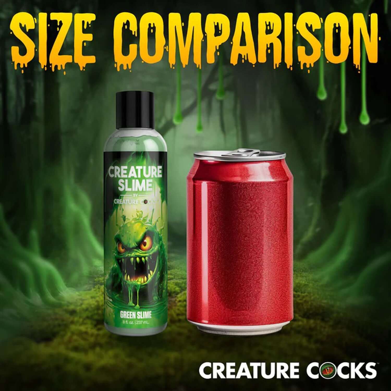 Creature Slime lubricant 8oz size comparison with soda can in eerie forest setting