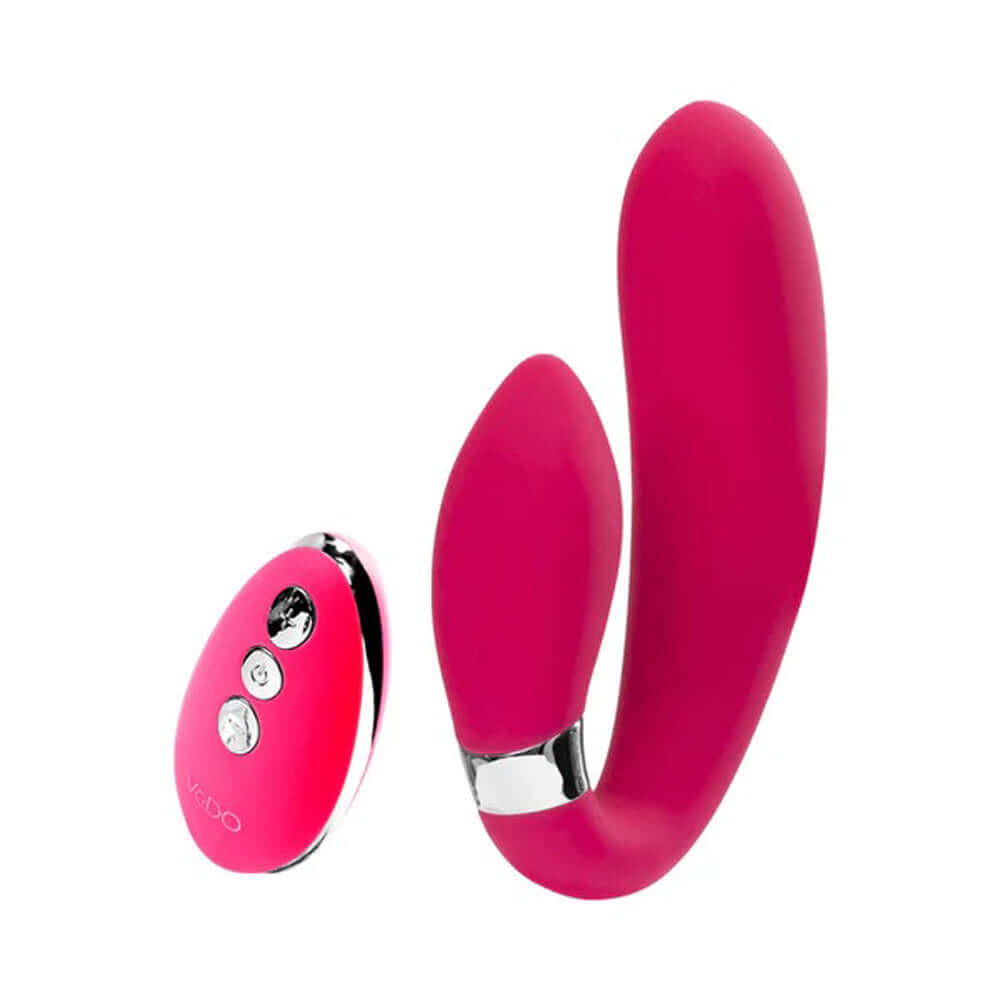 Jeni C-Shaped Dual Motor Vibe in pink with remote control, featuring a flexible design for targeted stimulation.