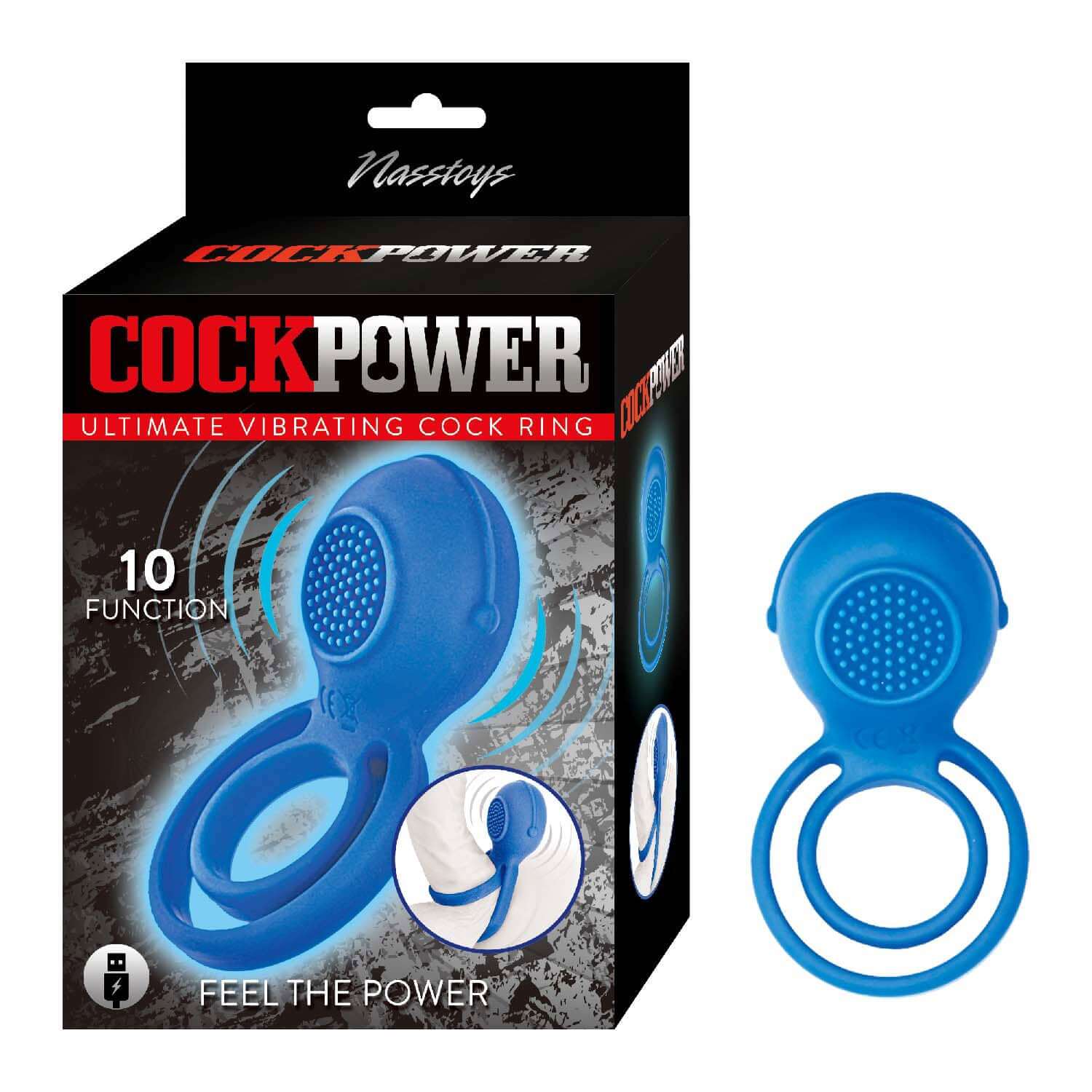 Cockpower Ultimate Vibrating Blue Cockring with packaging, featuring 10 vibration functions and nub-textured stimulator for enhanced pleasure.