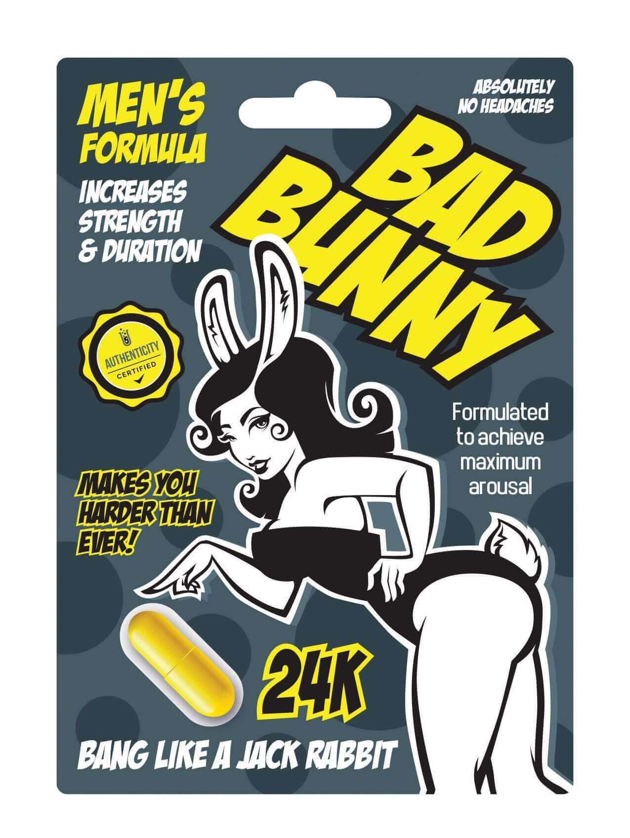 Bad Bunny male enhancement capsule packaging featuring a playful design, highlighting increased strength and duration for sexual performance.