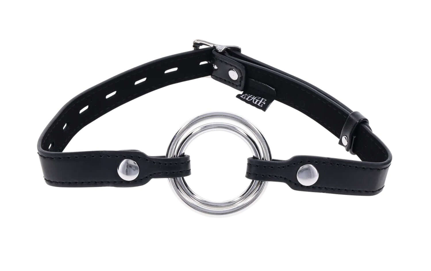 Edge Interchangeable Ring Gag in black leather with stainless steel ring for customizable control and comfort.