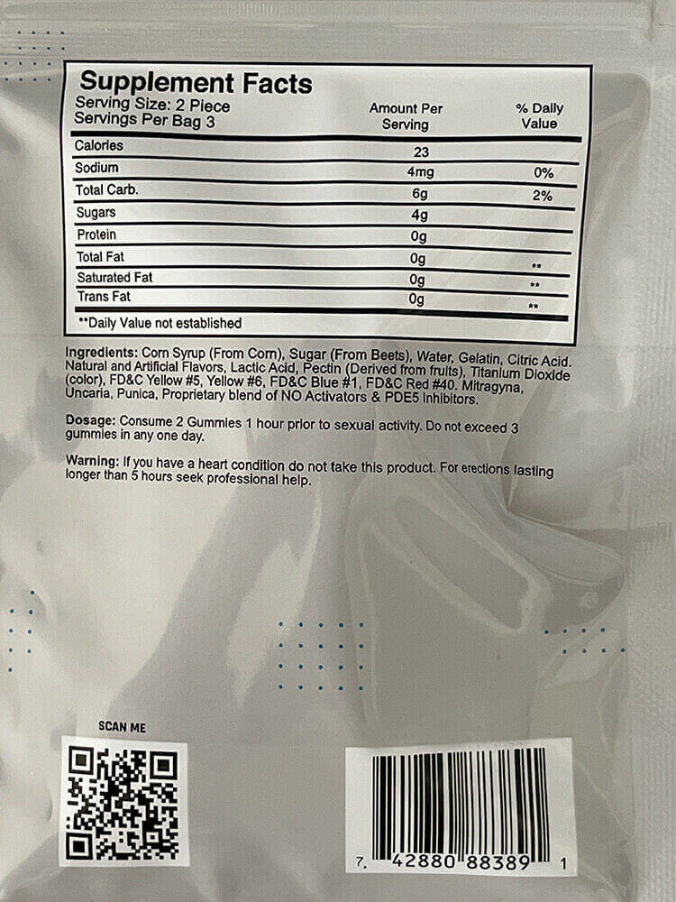 "Boner Bear Male Enhancement Gummies supplement facts label and ingredients list on packaging"