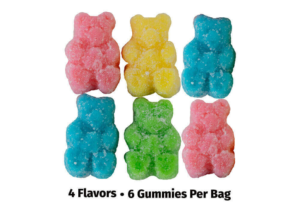 Boner Bear Male Enhancement Gummies in four flavors, six pieces per pack, for fast-acting sexual performance boost.