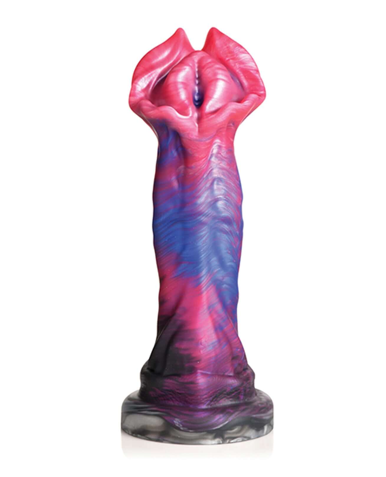 Demogorgon silicone dildo with a fearsome face, bumps, ridges, and a wide suction base for hands-free use on flat surfaces.