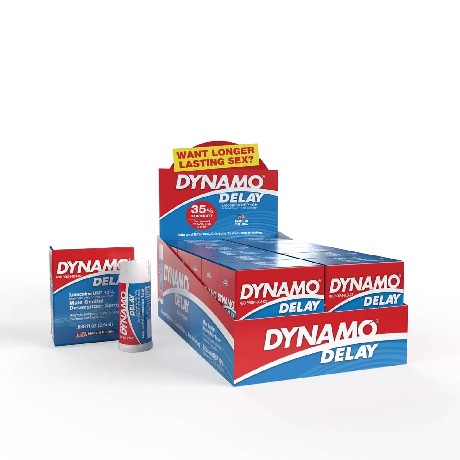 Dynamo Delay to Go display box containing 12 tubes, promoting longer-lasting intimacy with 35% more duration.