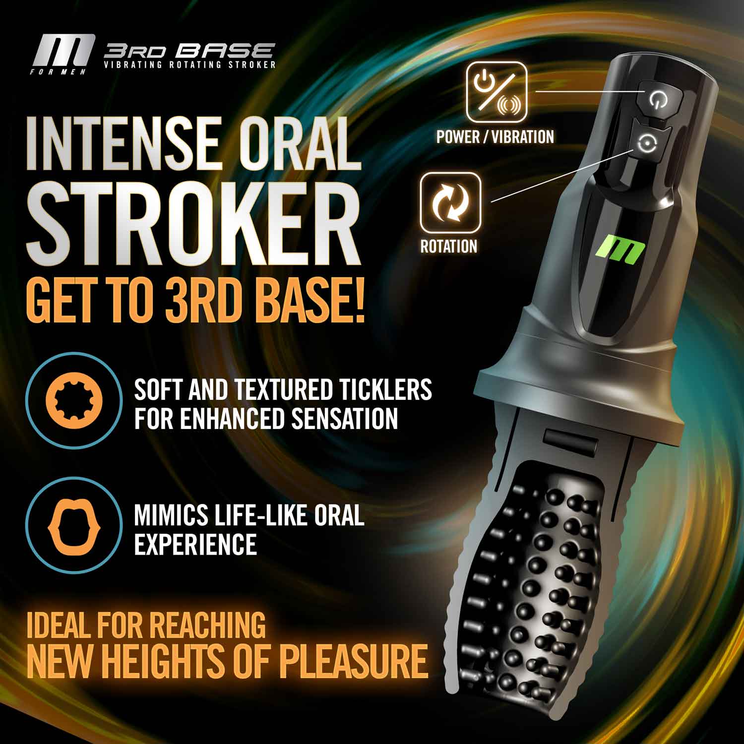 Intense oral stroker "3rd Base" with power/vibration and rotation features, soft textured ticklers, and ergonomic handle for enhanced pleasure.