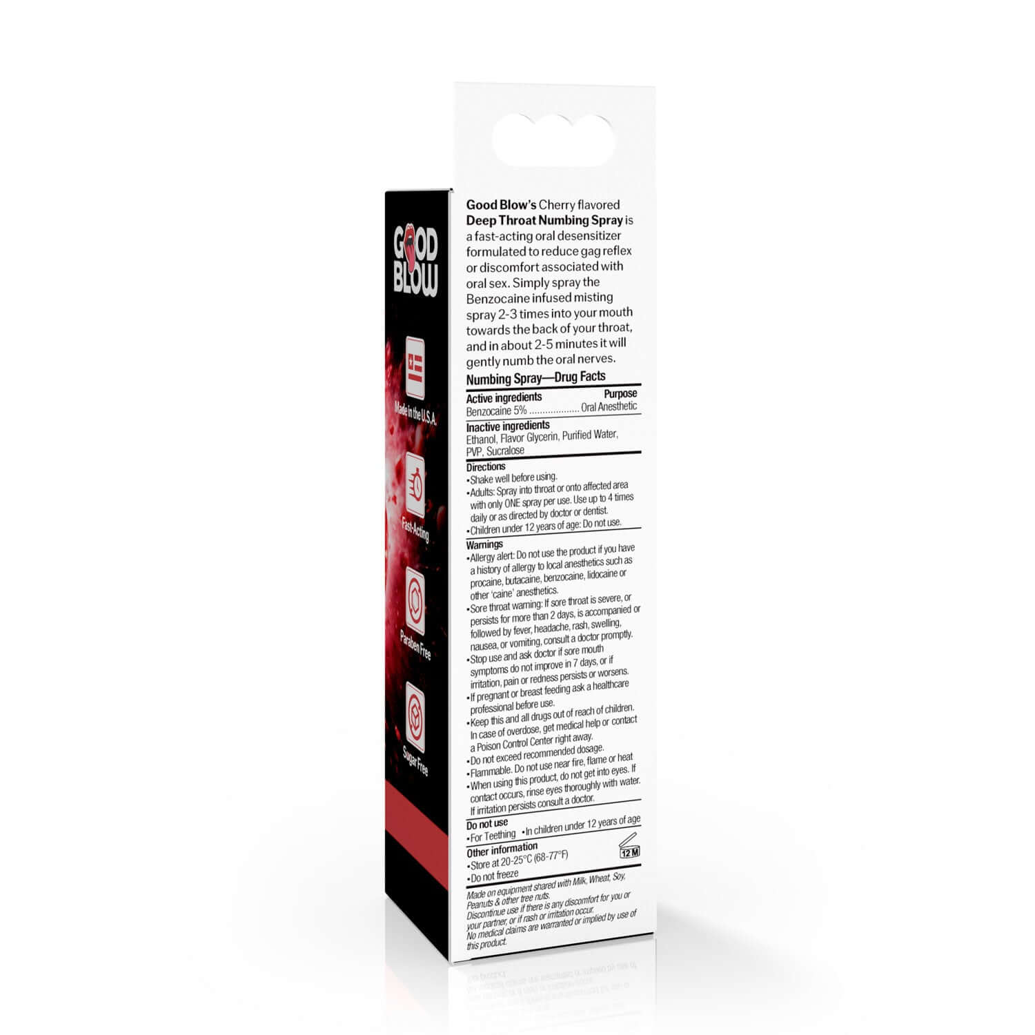 Cherry-flavored deep throat numbing spray packaging, 1oz box with product description and ingredients.