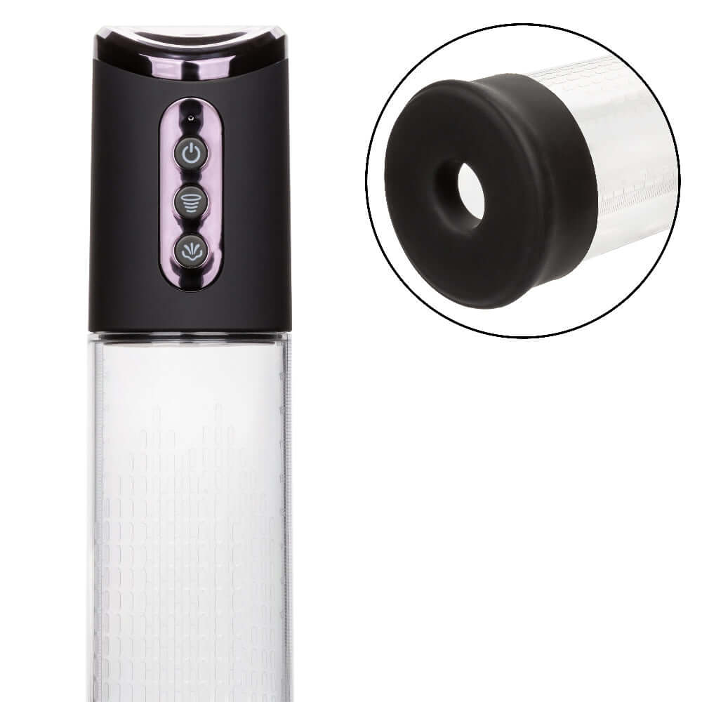 Peak Rechargeable Penis Pump - Black/clear with control buttons and detachable sleeve for enhanced intimate experience.