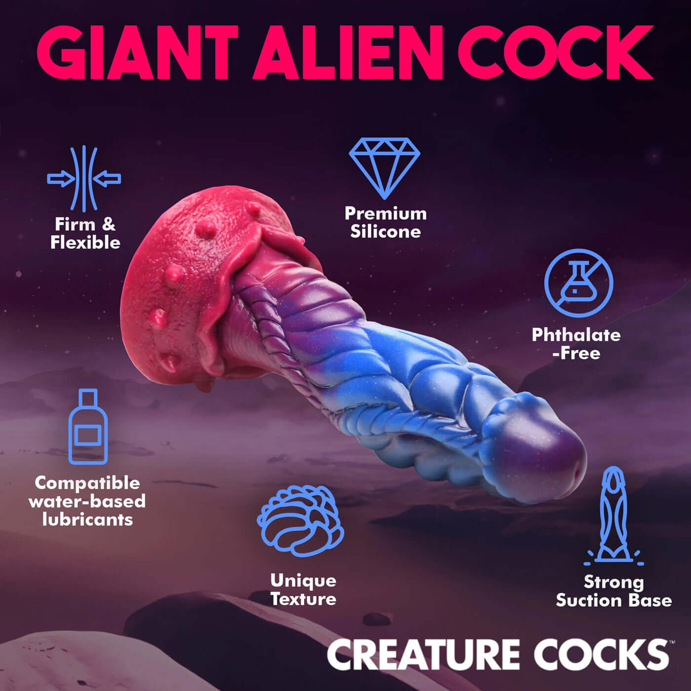 Premium silicone alien dildo with unique texture, phthalate-free, compatible with water-based lubricants, firm and flexible, strong suction base.