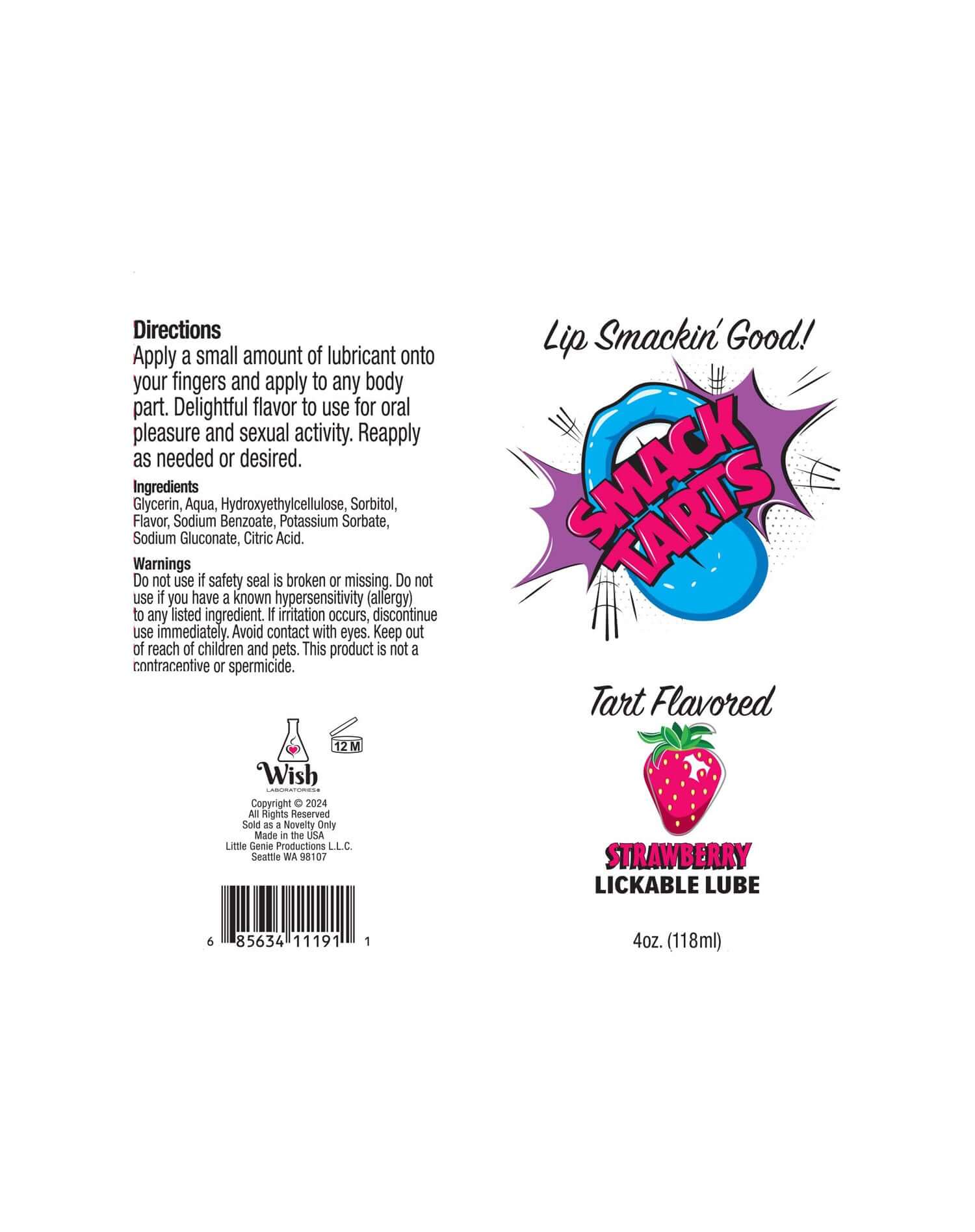 Smack Tarts 4oz Lickable Flavored Lubricant in Strawberry flavor packaging with instructions and ingredients listed.