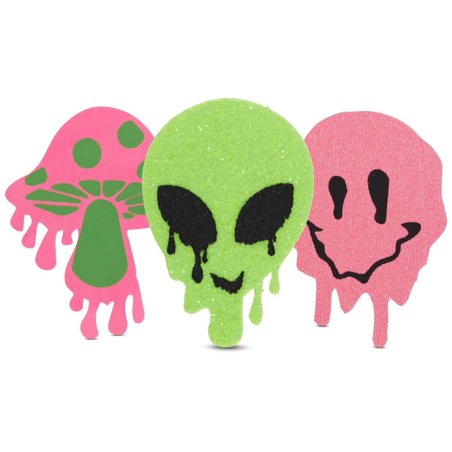 Colorful alien and mushroom-themed pasties in pink and green, perfect for fun and stylish seamless coverage.