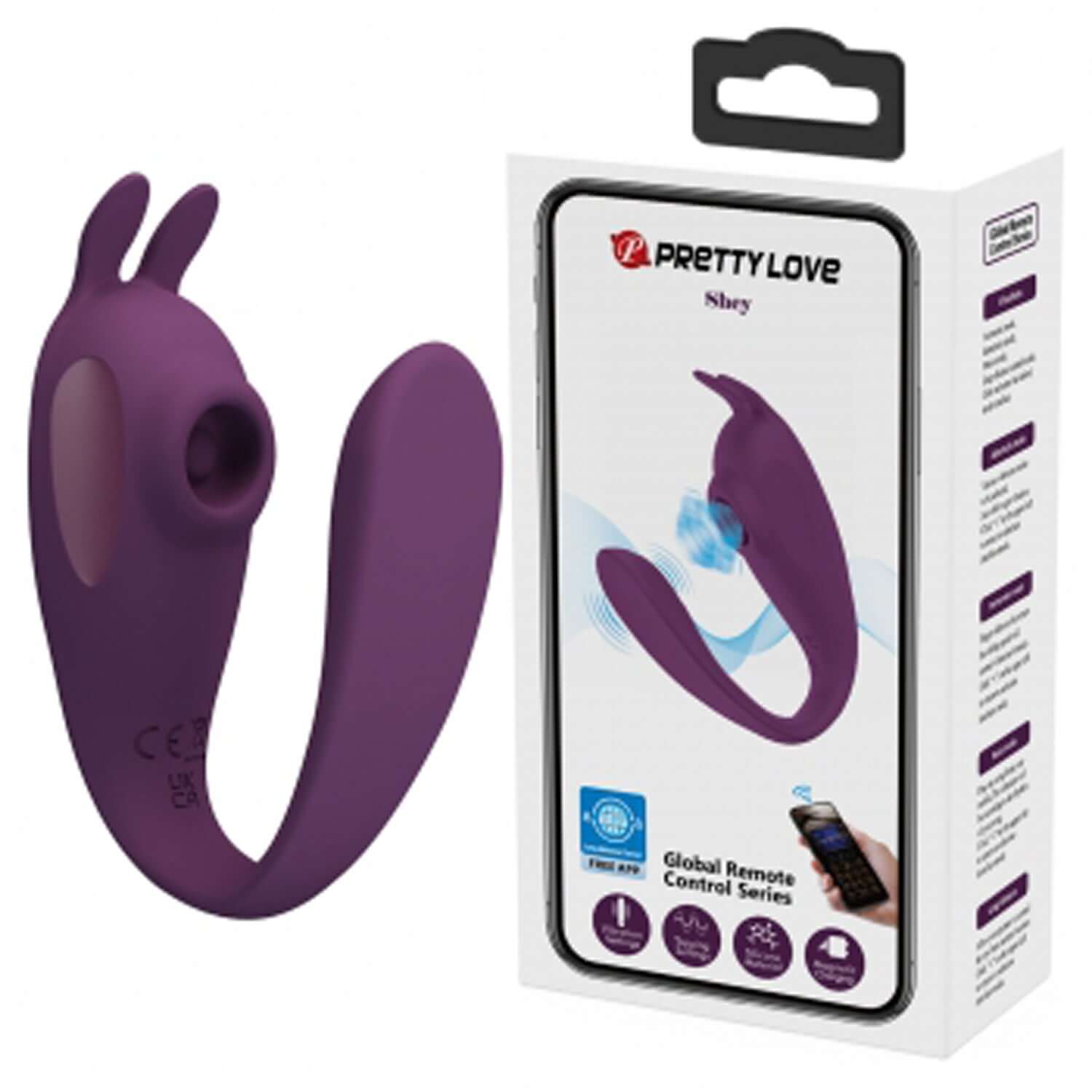 Shey Global App Control Vibrator in purple packaging, showcasing its ergonomic design and remote control features.