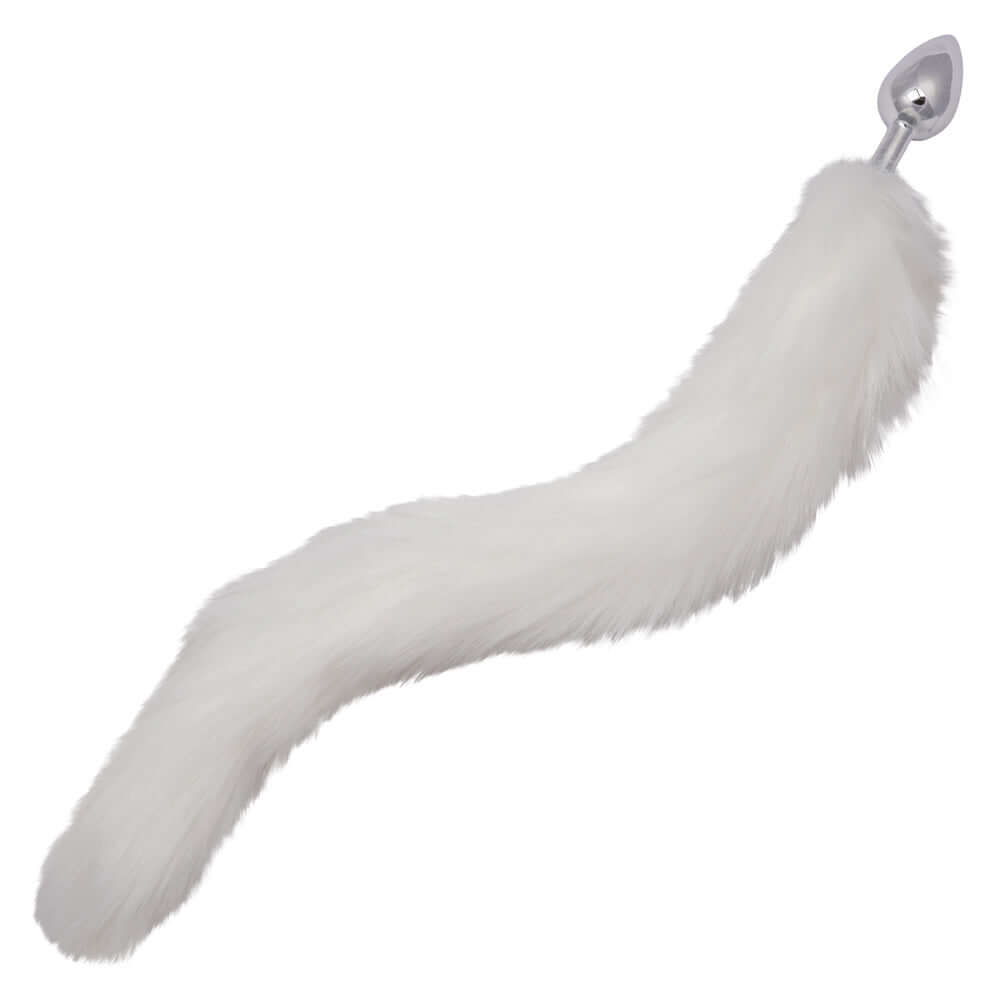 White Running Wild Tail Anal Plug with smooth metallic probe and luxurious long faux fur tail for enhanced intimate play and sensory exploration.