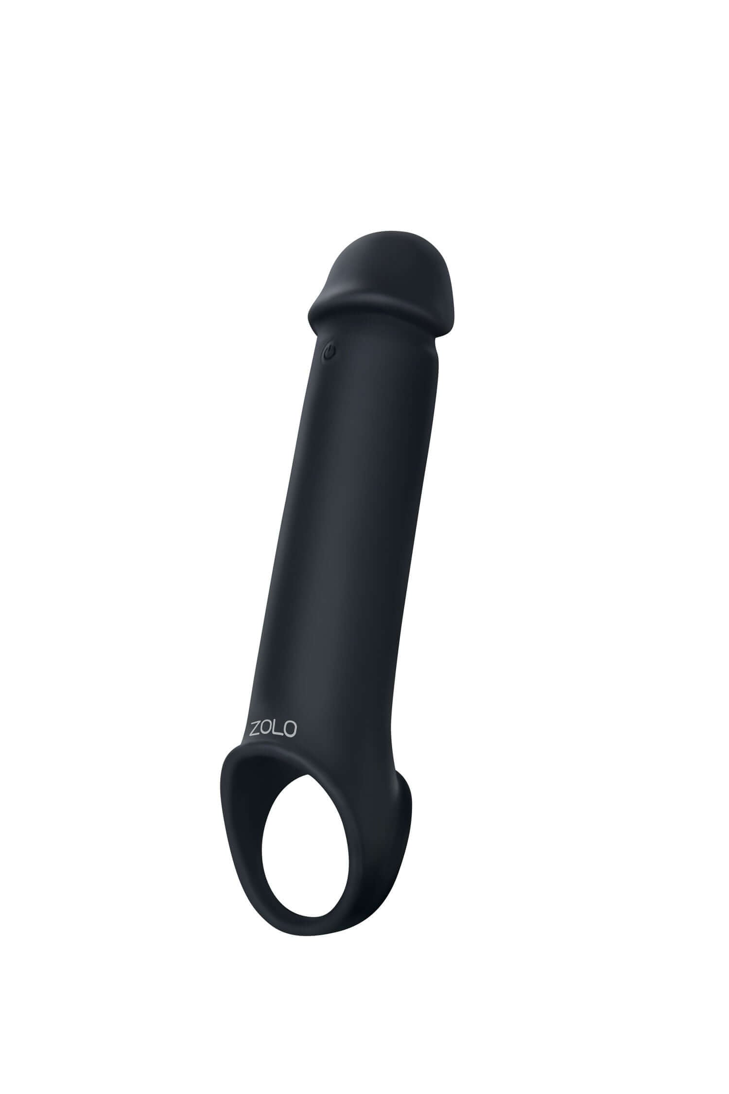 Zolo Vibrating Penis Extender in Black with realistic design, featuring 10 vibration modes and easy control for enhanced pleasure.