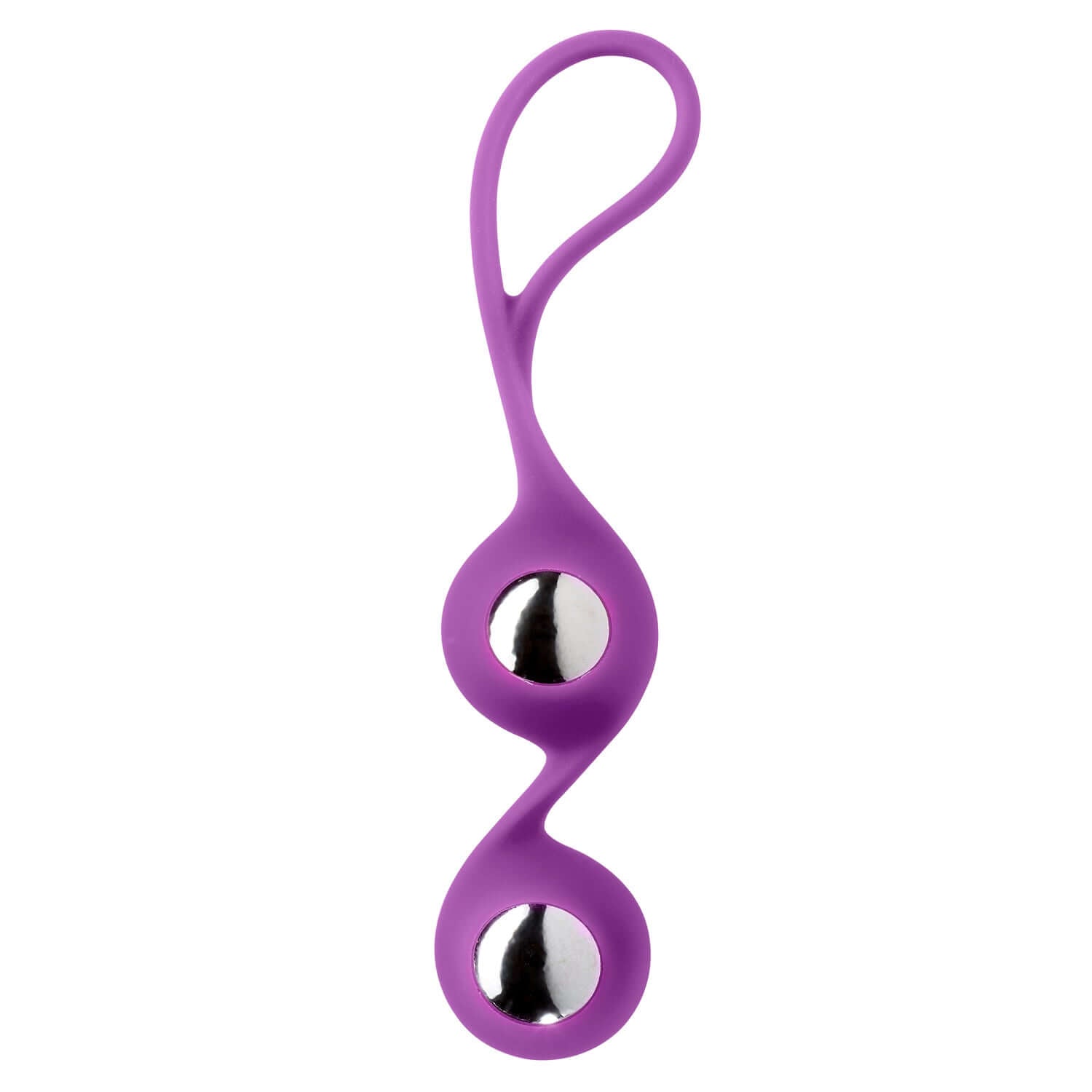 Purple Duo Kegel Balls with premium silicone sleeve and chrome-plated metal weights for pelvic floor muscle strengthening.