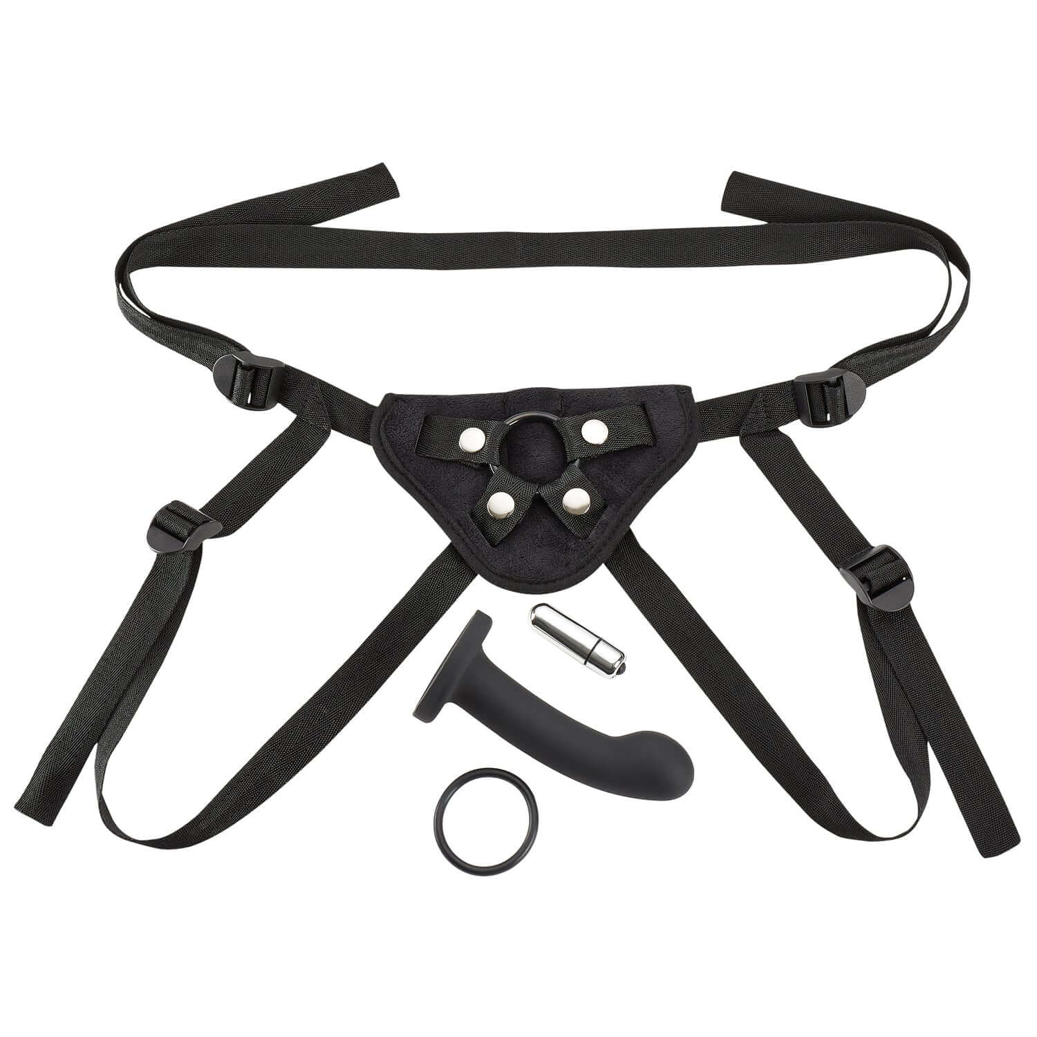 Black strap on harness kit with adjustable straps, cushioned pad, and 5.5" curved dildo for enhanced play experience.