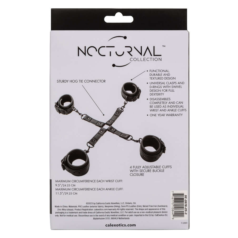 Packaging of Nocturnal Collection Hog Tie showing secure buckle cuffs and functional design benefits.