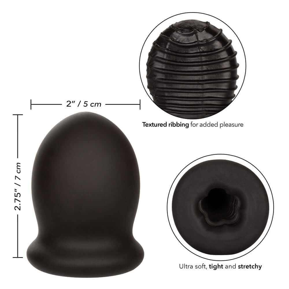 Boundless FTM Stroker 2.75 Inch 7 Cm - Black showing dimensions, textured ribbing for added pleasure, and ultra-soft tight and stretchy interior.