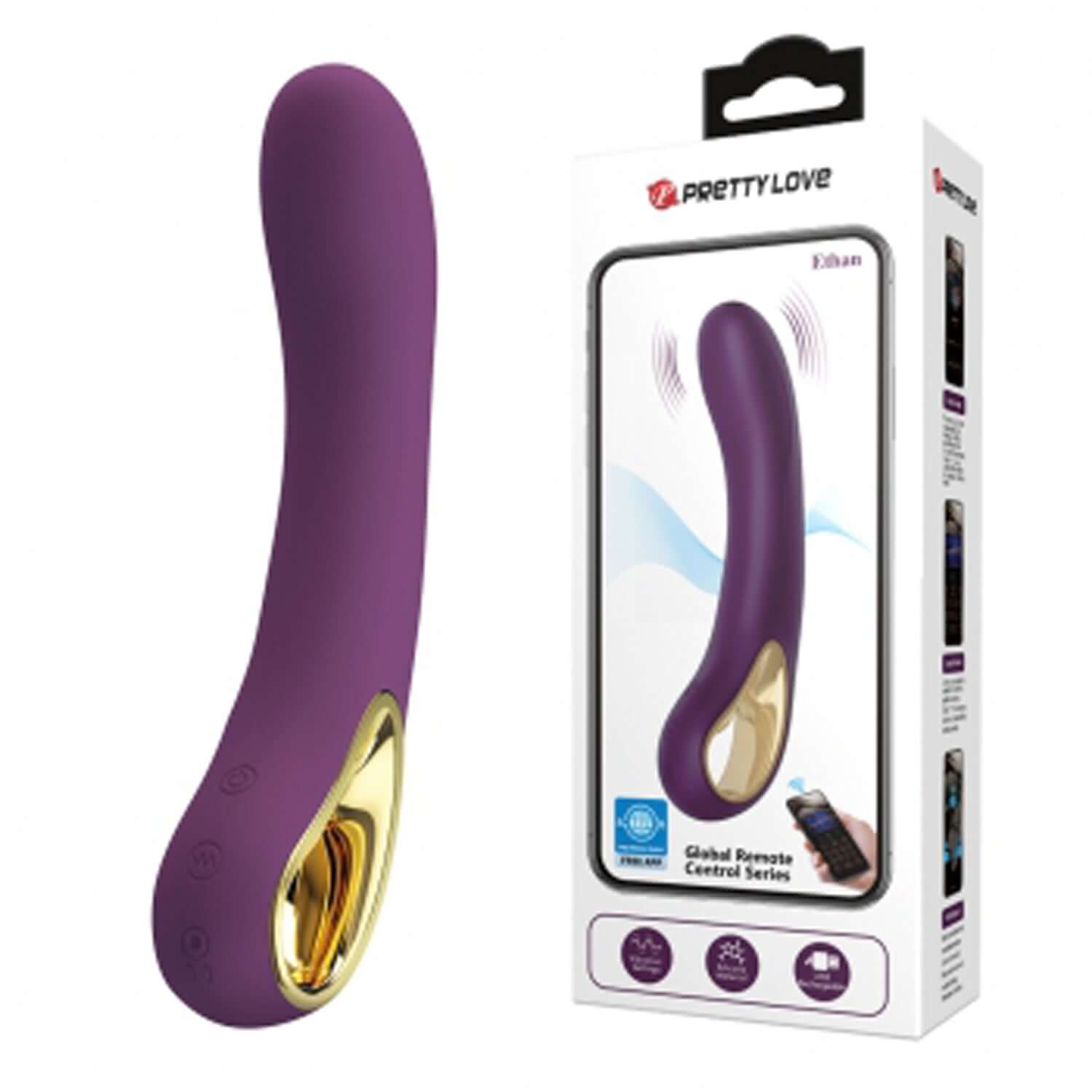 Ethan Global App Control Vibrator in purple with packaging, featuring 12 vibration modes and USB rechargeable design.