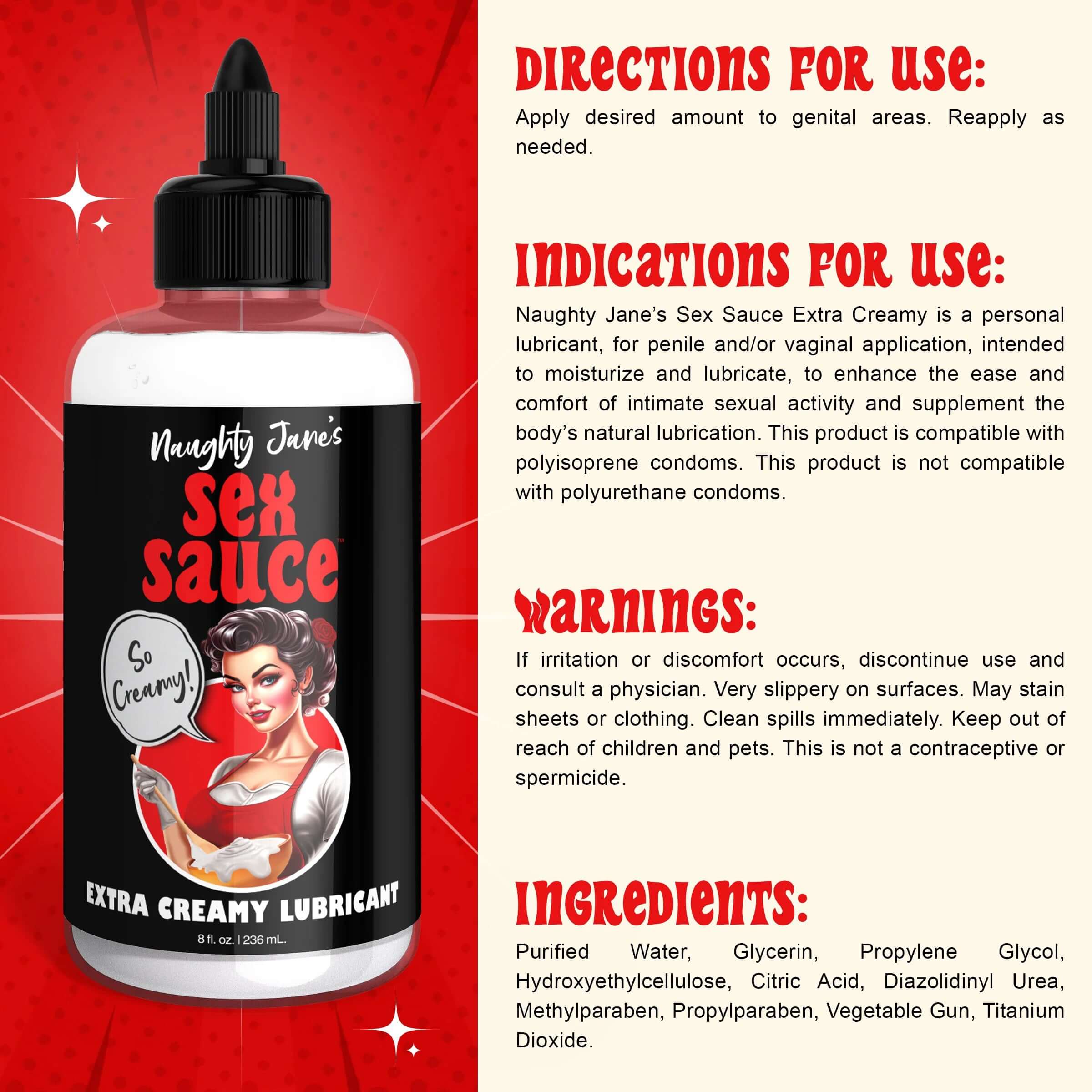 Naughty Jane's Sex Sauce Extra Creamy Lubricant 8 Oz bottle with directions, indications, warnings, and ingredients listed.