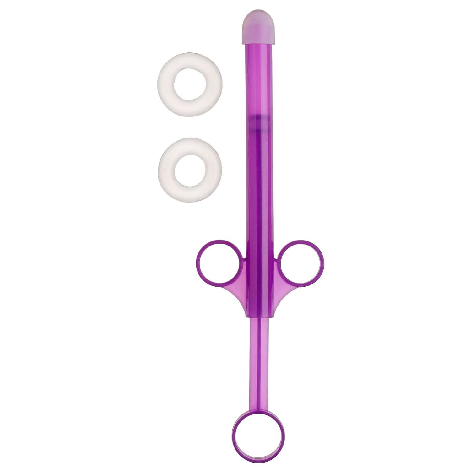 Purple XL lube applicator with C rings, featuring finger grips for easy one-handed use and slim design for precise insertion.