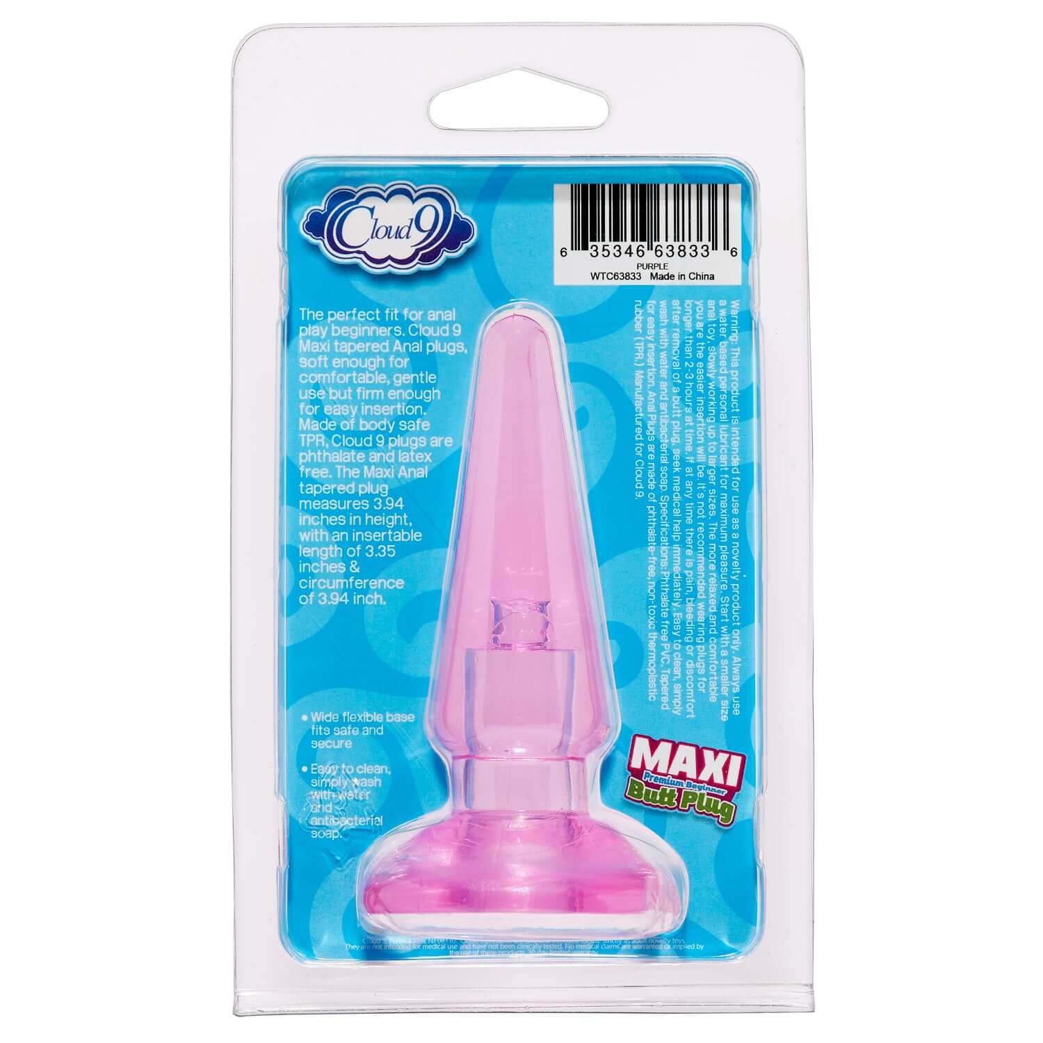 Maxi Butt Plug Purple, Cloud 9 packaging, TPR material, beginner-friendly, comfortable use, flexible base for safety.