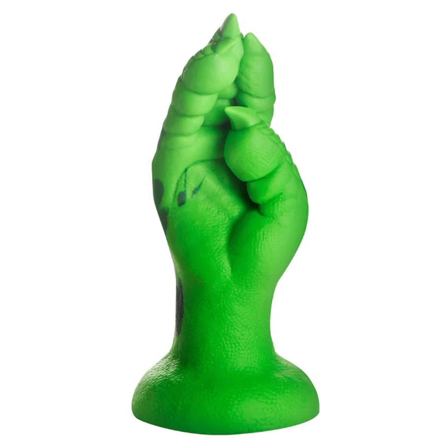 Green raptor claw fisting silicone dildo with scales and long claws, featuring a wide flanged base and strong suction cup.