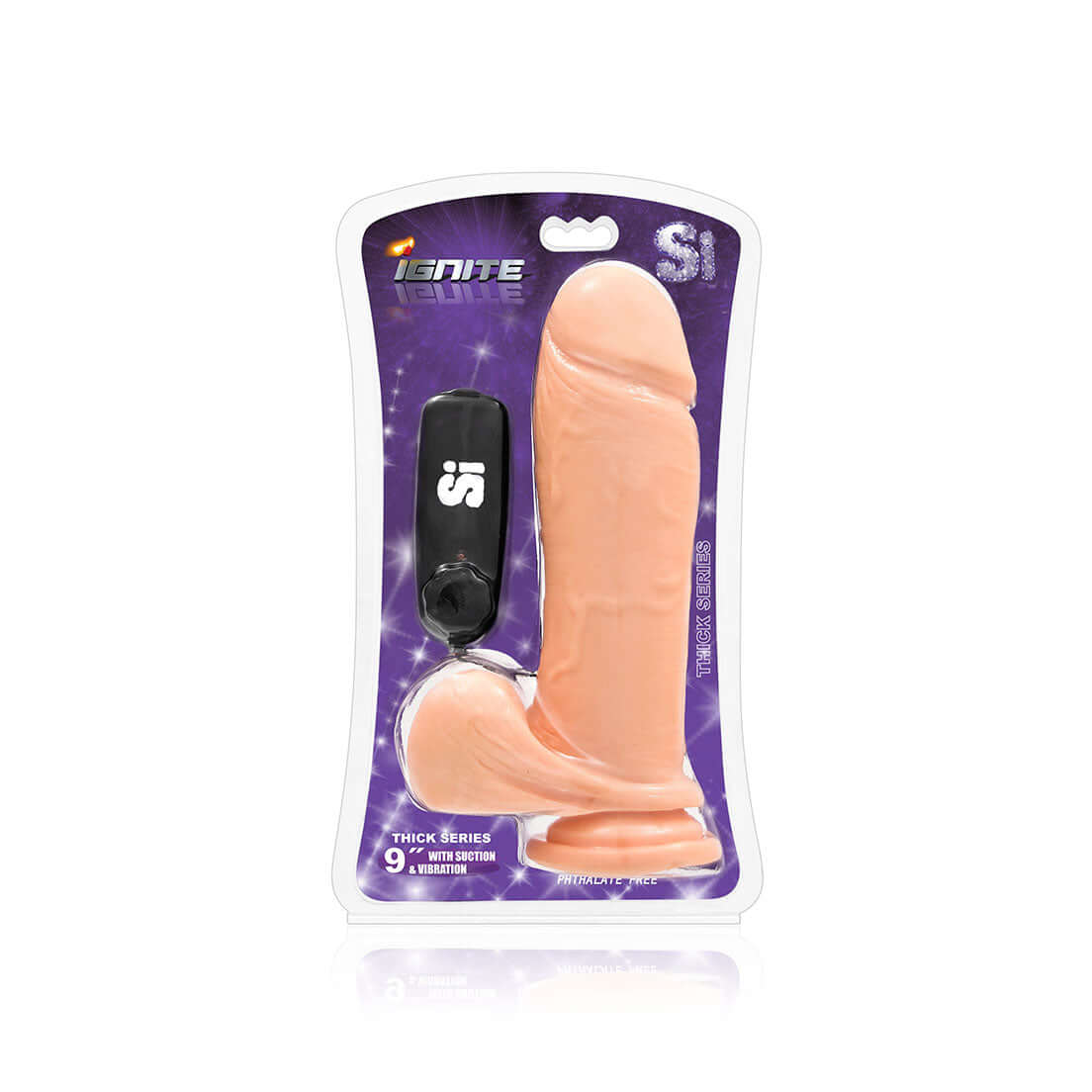 9 Inch Thick Cock With Balls and Internal Vibrating Egg by Ignite, Vanilla Color, Phthalate Free, with Suction Base in Packaging