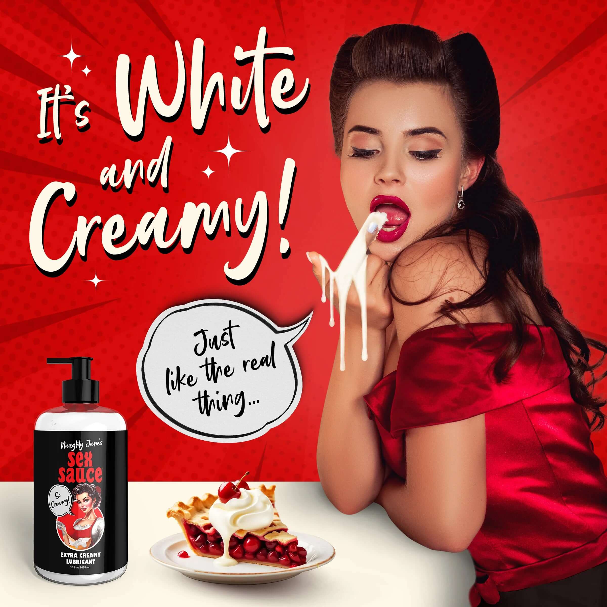 Naughty Jane's Sex Sauce Extra Creamy Lubricant, white and creamy, 16 oz bottle, depicted with a seductive woman and dessert in a red-themed image.