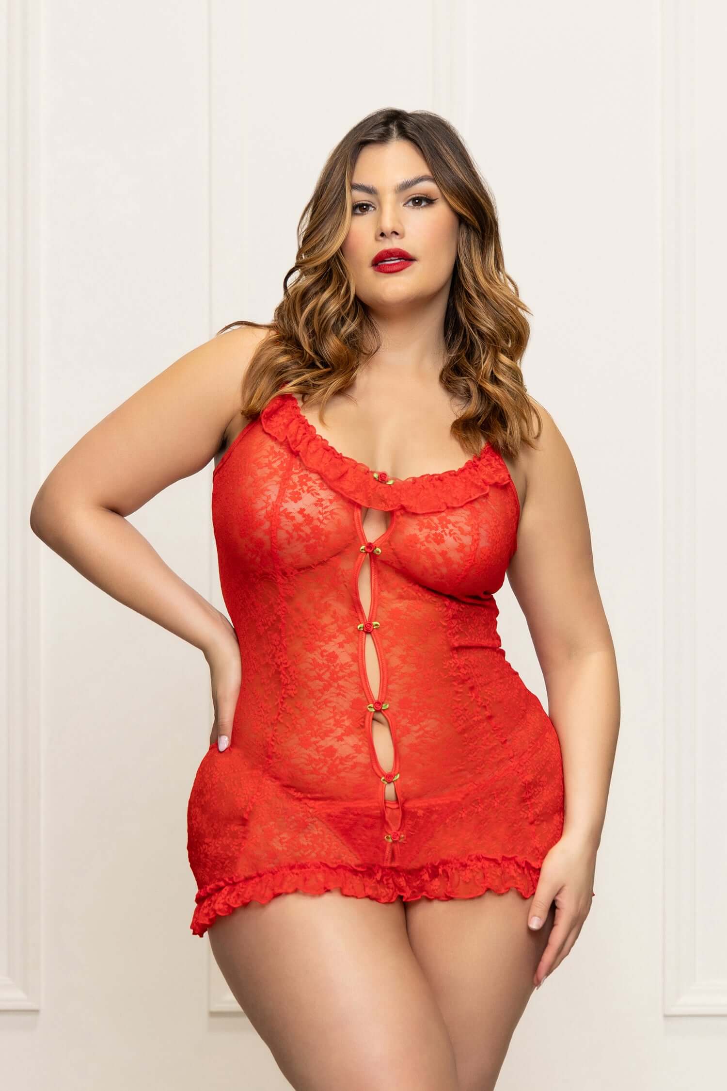 Red lace two piece chemise set with ruffle trim, keyhole detail, and adjustable straps for queen sizes.