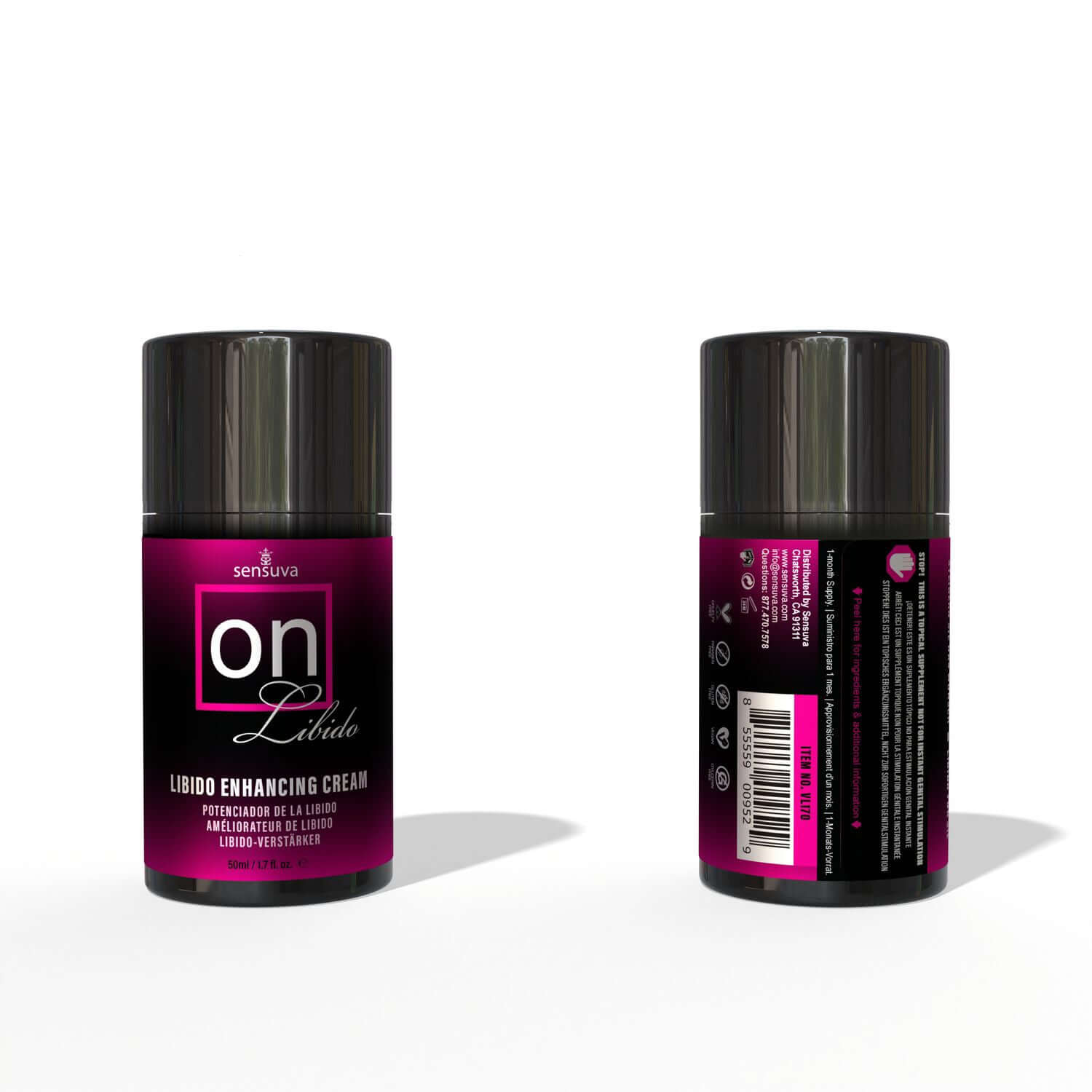 On Natural Libido for Her 1.7oz daily cream promoting enhanced female desire and arousal in a sleek packaging design.