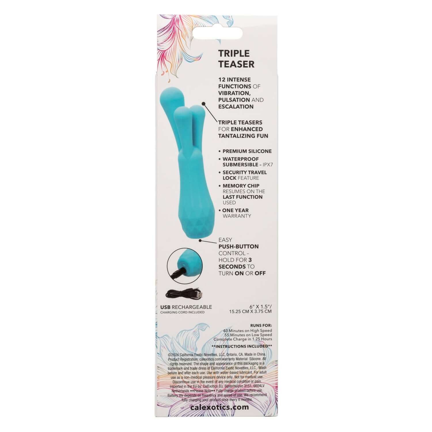 Packaging of Gia Triple Teaser Vibrator - Blue with features listed including 12 functions, premium silicone, USB rechargeable and warranty.