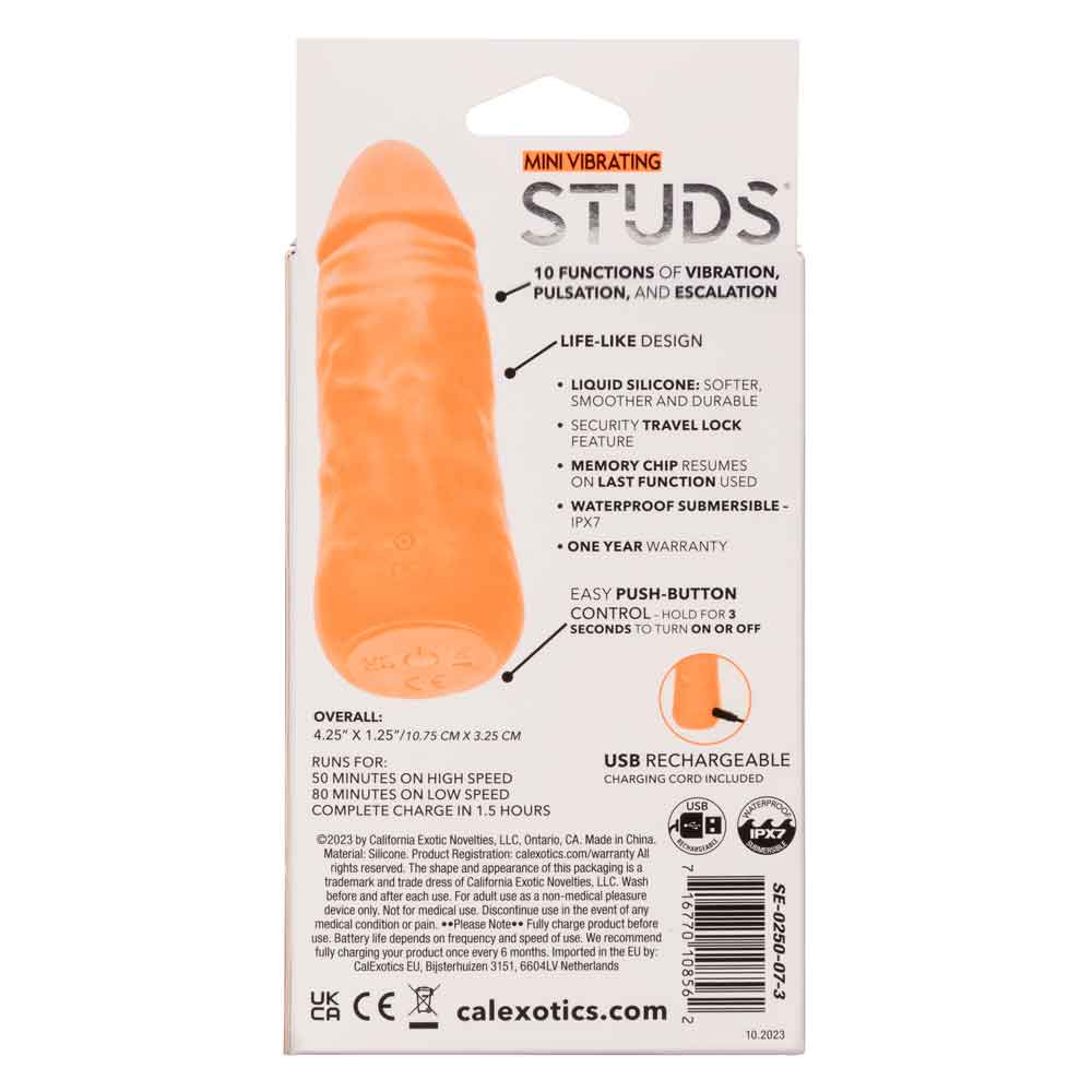 Packaging of Mini Vibrating Studs in orange color with 10 vibration functions, life-like design, and USB rechargeable feature.