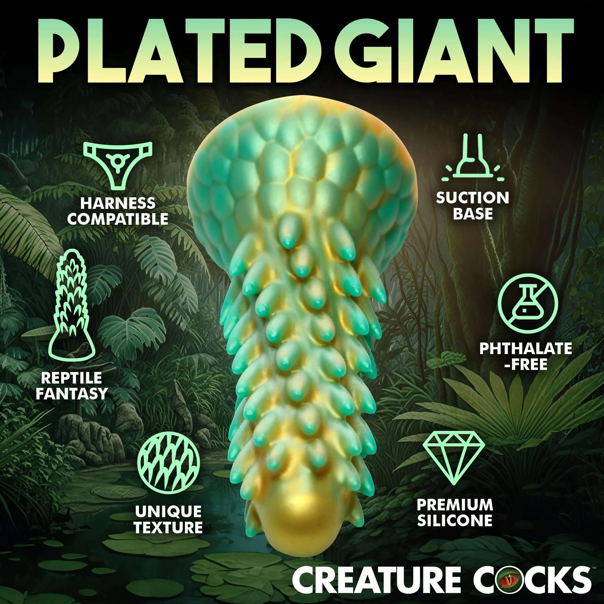 Stegosaurus-inspired green silicone dildo with textured spikes, suction base, and harness compatibility in jungle-themed packaging.