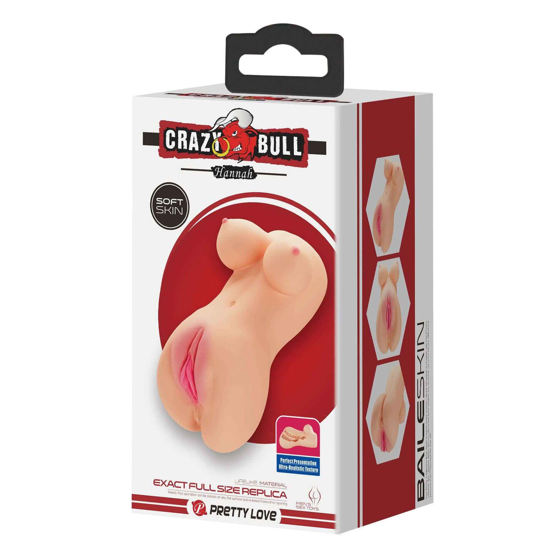 Hannah the Realistic Vagina Masturbator in packaging with soft skin material and dual channels, displayed in a red and white box.