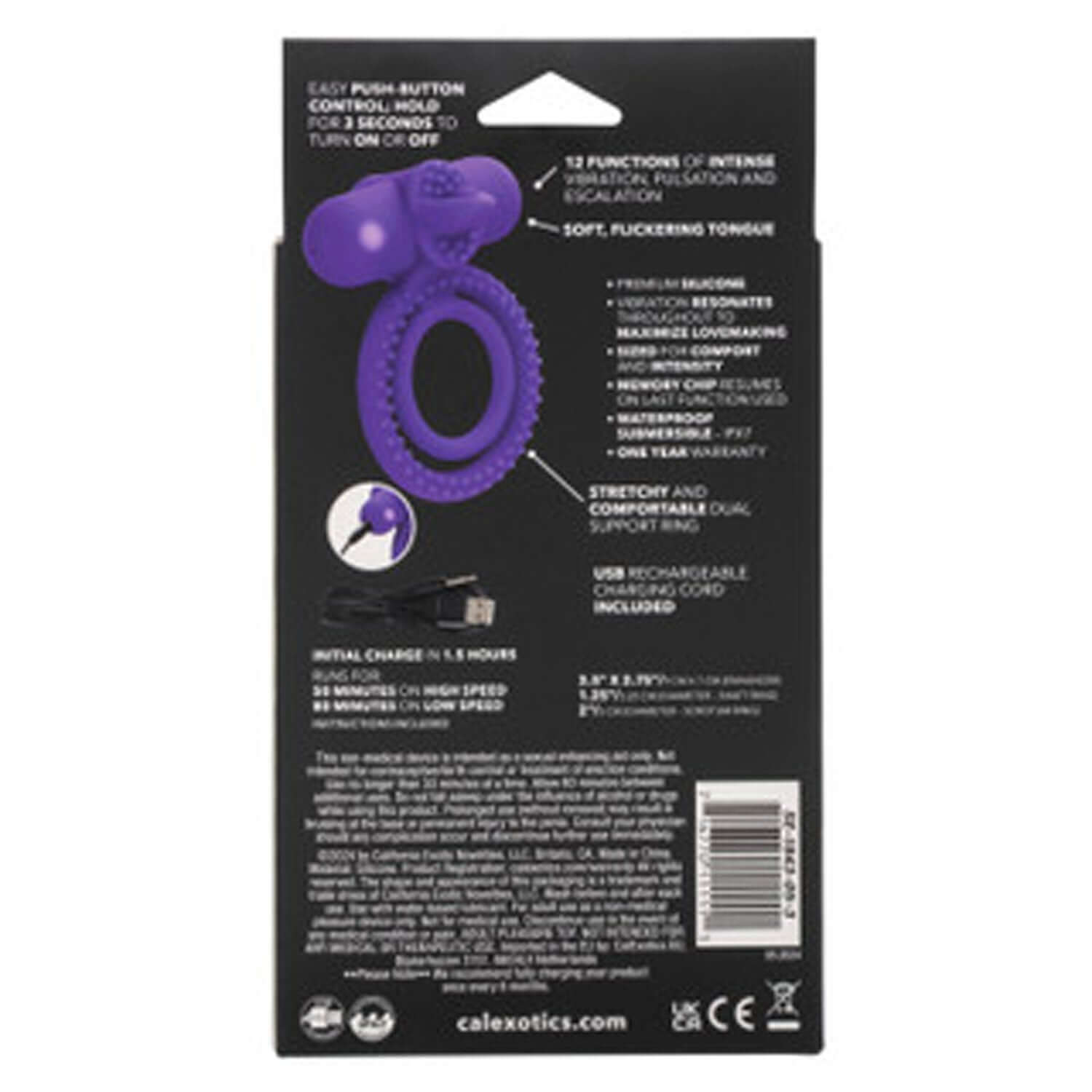 Purple Silicone Rechargeable Dual Climaxer in packaging with features listed, including vibrating functions and soft flickering tongue.