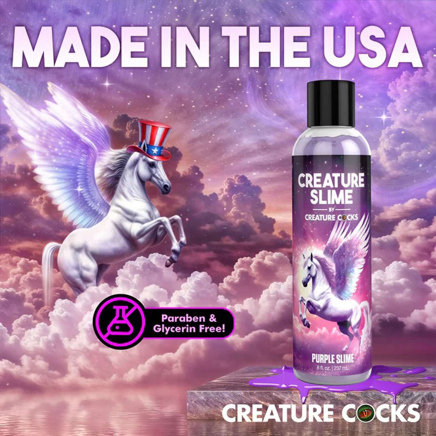 8oz Creature Slime purple water-based lubricant with unicorn in the clouds, "Made in the USA" text, paraben and glycerin free.