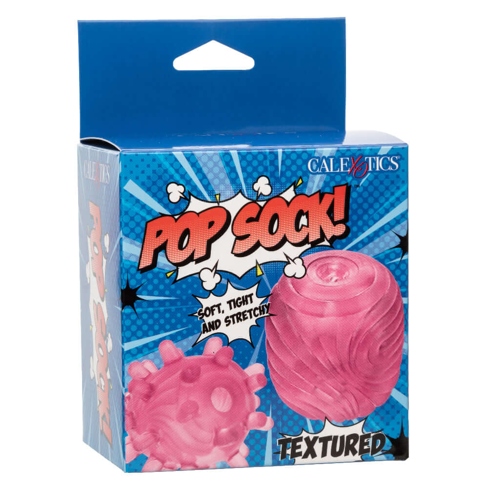 Packaging of the Pop Sock Textured Masturbation Sleeve - Pink with two distinct texture options displayed